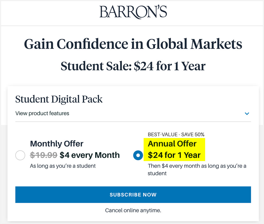 barrons subscription student discount